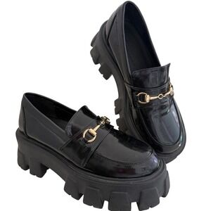 PRINCESS POLLY Black Patent Chunky Platform Loafers Size 7 Riley Loafer